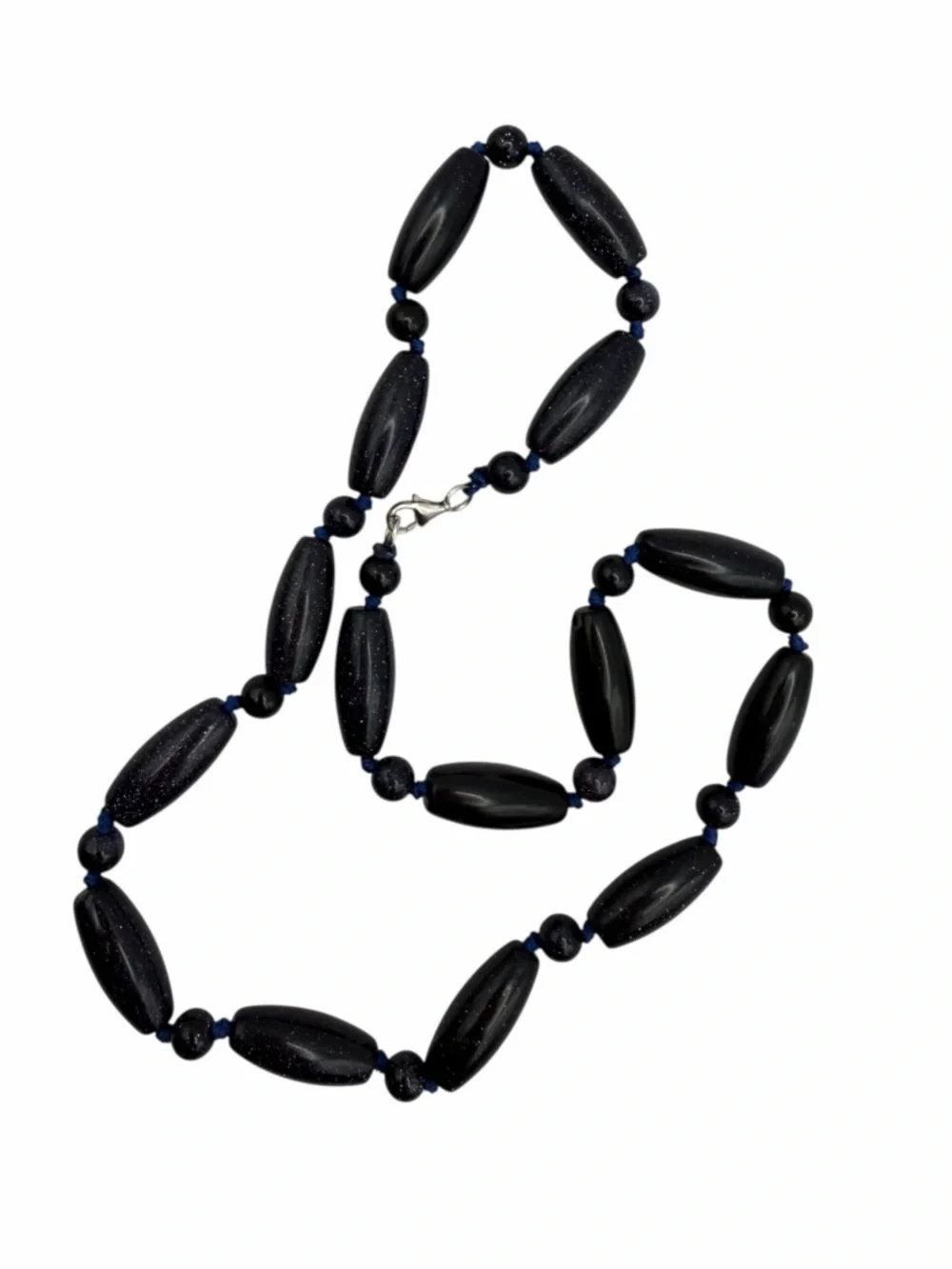 Vintage Blue Goldstone Beaded Necklace 925 Sterling Silver Clasp NOS New Tag